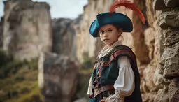 a young girl dressed in renaissance garb stands among stone formations