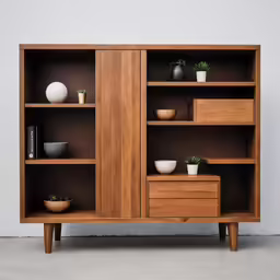a large wooden cabinet with various bowls, plants and vases