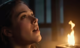 a young woman stares up while looking at a candle