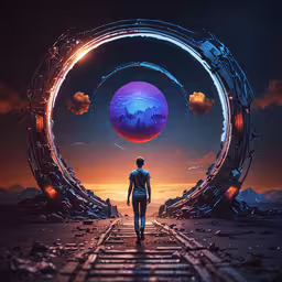 a man in front of a surreal image, with a train track and train tracks,a person stands at the end of a railway track while a colorful bubble looks up in the distance