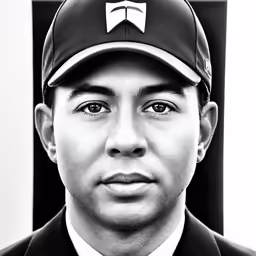 black and white photograph of a man in baseball cap