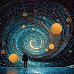 the man is looking into a dark room with yellow circles
