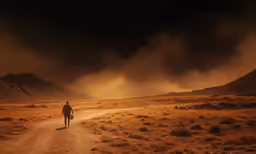 the man walks down the path to the mountains