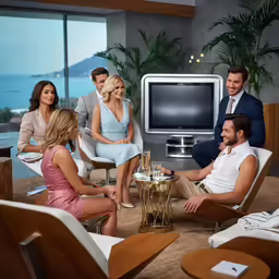 several people sit around talking and chatting together