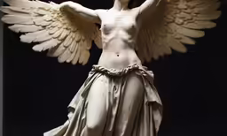 the statue is wearing white cloth and holding an umbrella