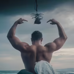 a shirtless man sitting on a bench by the water with his arms in the air