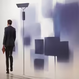 a man is walking past a wall with an artistic painting behind him