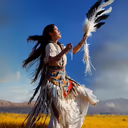 the woman is holding a long feather in a field