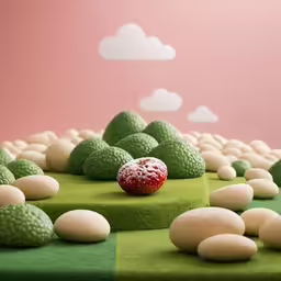 a green shelf with some white stones and a red object