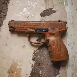 an old gun laying on a dirty wall