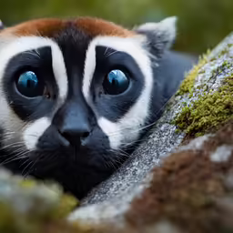 a black and white striped animal with blue eyes