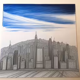 this drawing depicts a view of the city from the far distance,drawing on paper of skyscrapers near an industrial area