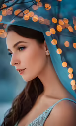 the head shot of an attractive young woman in a gown and a veil is lit with lights of orange