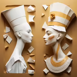 two sculptures in white paper with gold decorations
