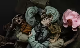 two human figures sitting side by side on a bed