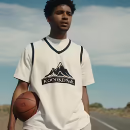 a man is holding a basketball on the road
