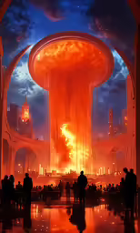 many people standing around in a room that has a very futuristic tower