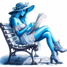 a girl in blue is sitting on a bench reading a book