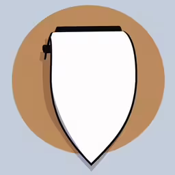 a blank canvas hangs on the wall,a circle with an object hanging from the side,an open white paper sheet hanging on the wall,the rounded white object is on a brown circle,a white paper on top of a tan and gray background