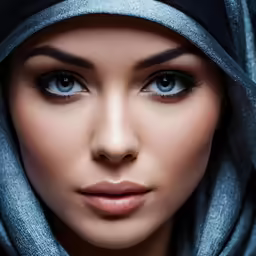 a beautiful woman with dark blue eyes looking straight ahead