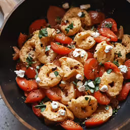 a pan filled with tomato and fried food