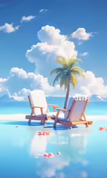 two chairs are sitting on a tropical beach