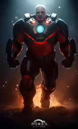 a man in an iron suit standing in a smoke filled field