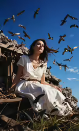 a woman is sitting and several birds are flying overhead