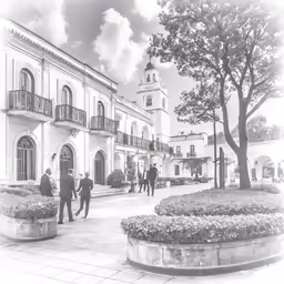 several men walking down the sidewalk towards a building