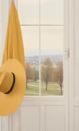 a hat hanging next to a white door with a window