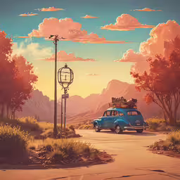 an old blue car is parked on a dirt road,a small blue van driving on a rural road