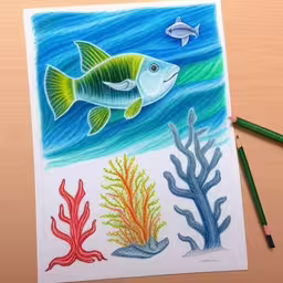 the painting is very colorful and there are different kinds of sea creatures,an image of ocean life drawing on paper