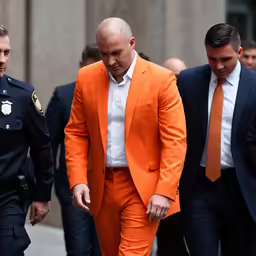 a man in an orange suit walking between two men