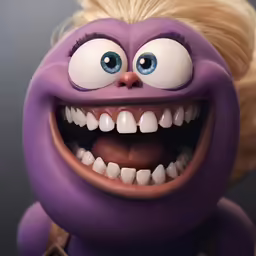 a purple toy that has an evil looking face