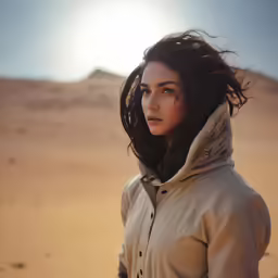 a young woman in a grey coat in a desert setting