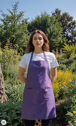 a woman in an apron standing in a garden