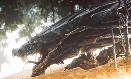 an alien like creature on the ground with a lot of trees behind