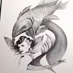 drawing of woman next to fish with head turned slightly away