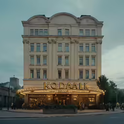 the entrance of a building with a lighted name sign