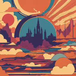 a poster with clouds and buildings in the background,an image of clouds and a giant sun