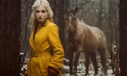 a young blonde woman is standing in the woods beside a horse