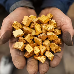 a man holding lots of small pieces of cheese