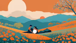 two people in a field with orange flowers,a painting of two people in a meadow at sunset