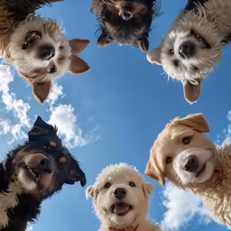 many dogs all looking up in a circular