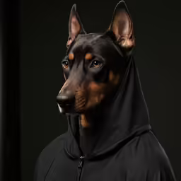 a small black and brown dog wearing a hoodie