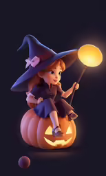 a child in a witch costume on a pumpkin