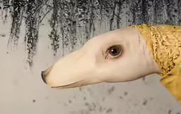 a greyhound wearing a yellow top with a tree in the background