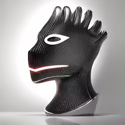 the futuristic looking robot head has led lights on