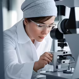 a woman working on a microscope in a white shirt