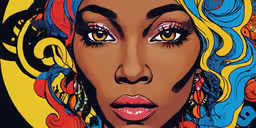 a digital painting of a female with colorful hair and blue curls,an artwork depicting the face of a woman with colorful hair and piercings